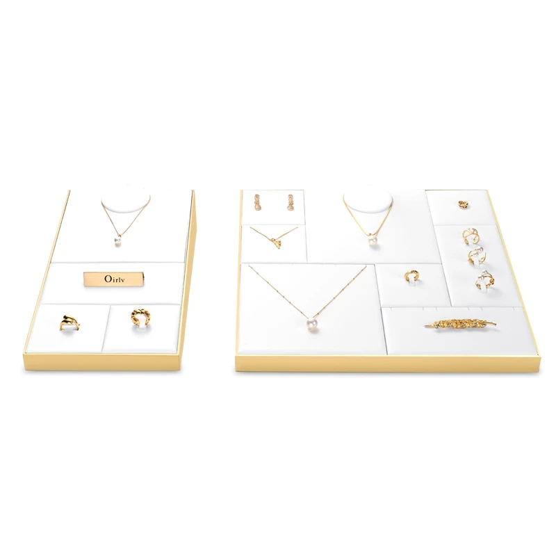 Oirlv White Jewelry Store Display Tray PU Leather Ring Earring Necklace Display Set White Jewelry Displays Jewelry Display Table