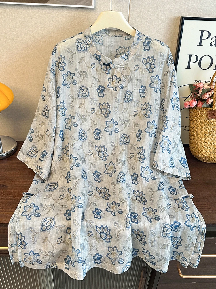 

New Chinese Style Ladies Summer Sun Protection Shirt Floral Blue Thin Outerwear Top Women's Fashion Anti-Aging Casual Shirt