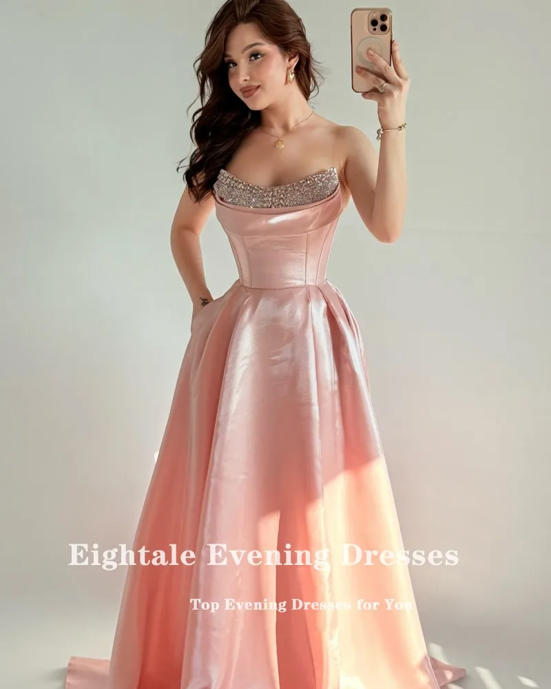 Eightale ピーチイブニングドレス ストラップレス ビーズ スパンコール カスタマイズ フロアレングス A ライン サテン プロム ウェディング パーティー ドレス
