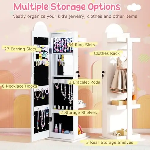 Kids Jewelry Armoire Cabinet with LED Lights, Lockable Standing Jewelry Organizer with Full-Length Mirror, Rack &