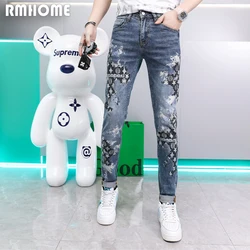 Men's Jeans Star Print Luxury Fashion Brand Casual Pants European Spring Summer Elastic Thin Feet Slim Fit Man Trousers Clothing