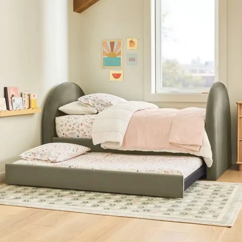 Custom Modern Upholstered Twin Size 2 Layer Platform Bunk Bed with Soft Headboard Wood Kid Bedroom Home Children Furniture Set
