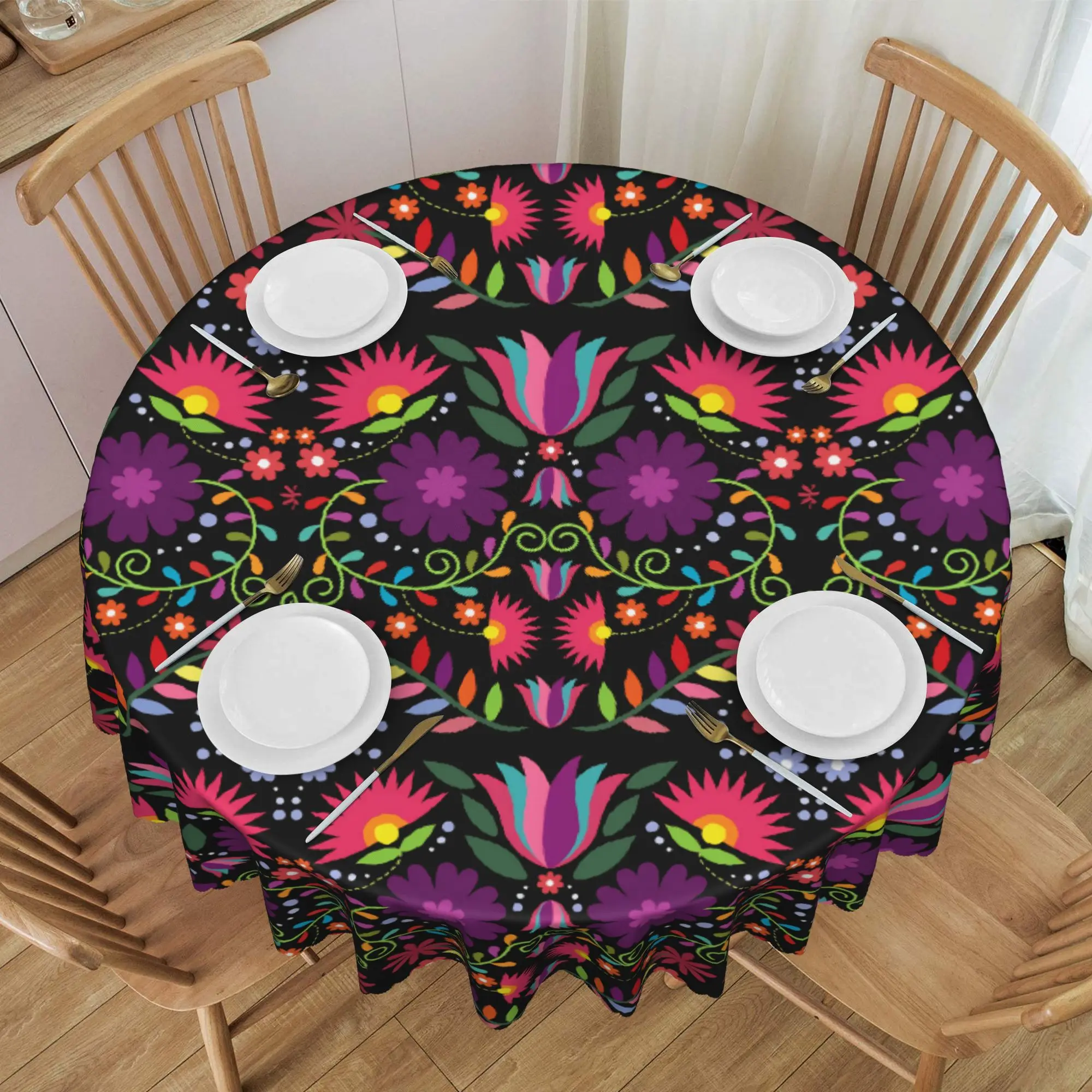 Nappe ronde mexicaine à motifs floraux, 60 pouces, pour cuisine et salle à manger, imperméable, style folklorique traditionnel