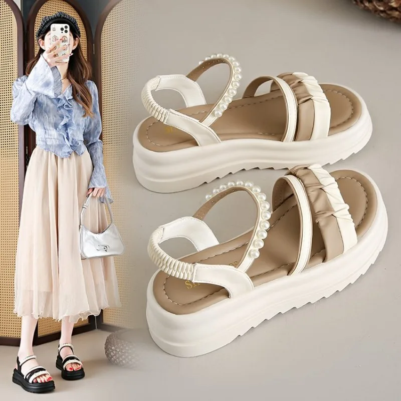 

Female Sandal Comfort Shoes for Women Clogs With Heel Cross 2025 Summer Muffins shoe Girls Beige New Velvet Thick Low Beach Fash