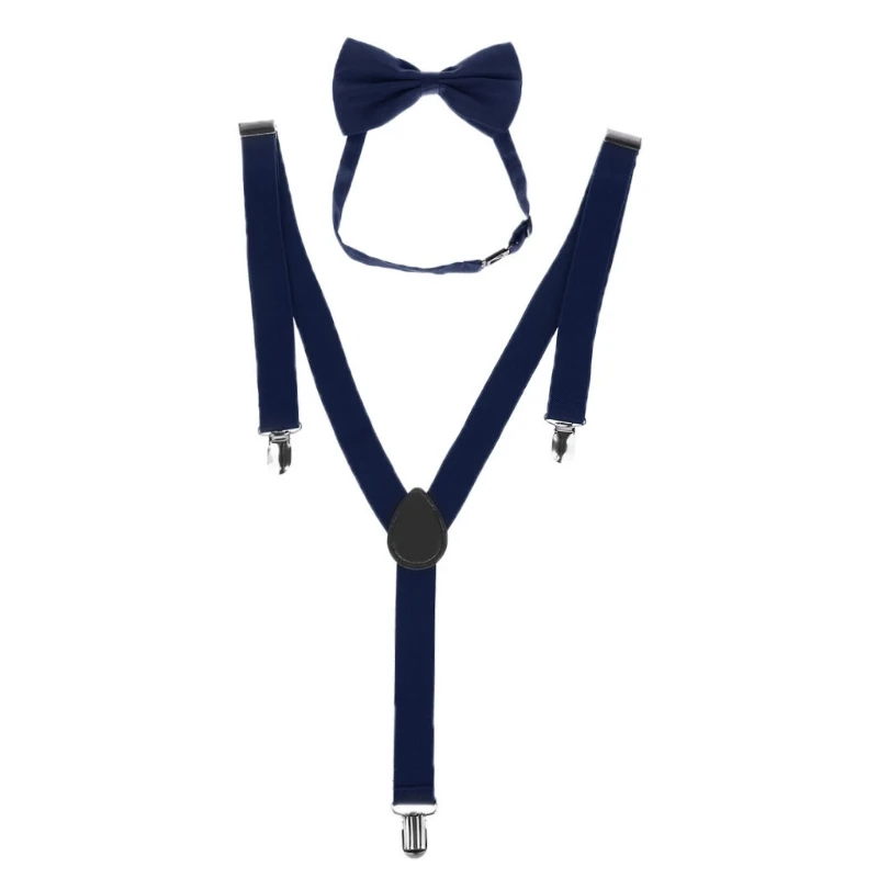 Unisex ปรับ Y-Back Suspenders Bow Tie ชุด Clip-On Braces งานแต่งงานยืดหยุ่น