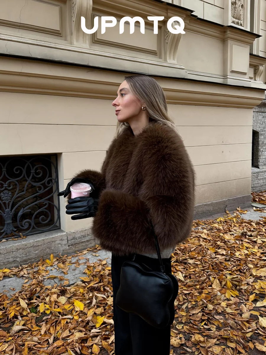 Brown O-neck Cropped Quiet Luxury Vintage Faux Fox Fur Coat Premiun Chic Vibes Women Fuzzy Jacket Chic Classic Iconic Outfit
