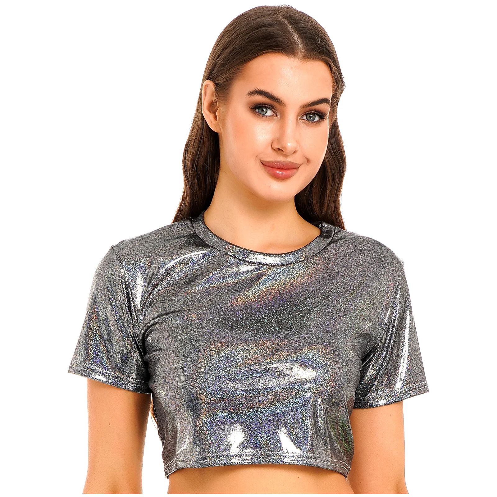 New Summer Metallic Liquid Woman Crop Tops Shiny Loose Short Sleeve T-shirt Sexy Party Club Aesthetic Harajuku Women Tshirt