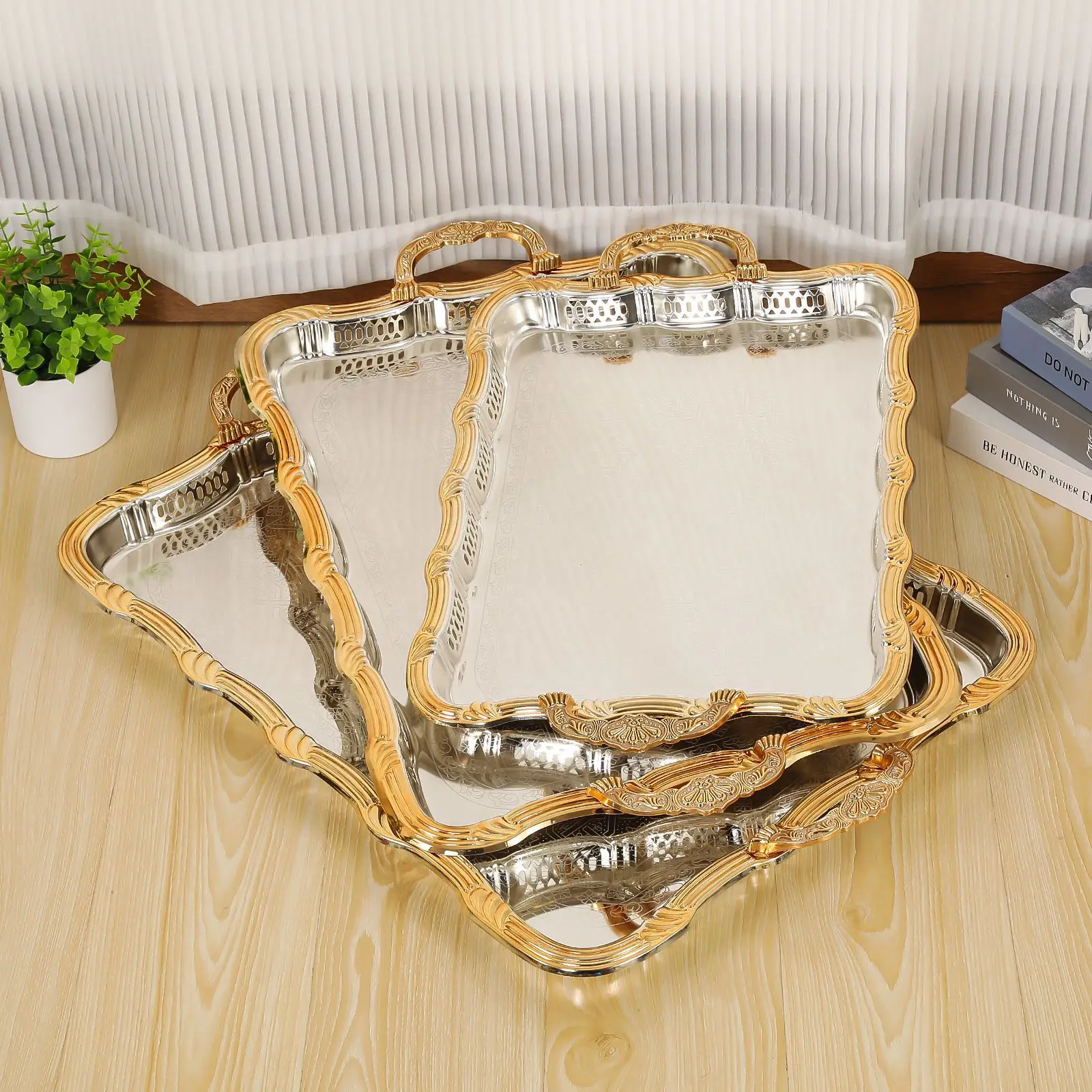 DSA rectangular tray fruit plate hotel decoration hollow portable metal ornament light luxury tray