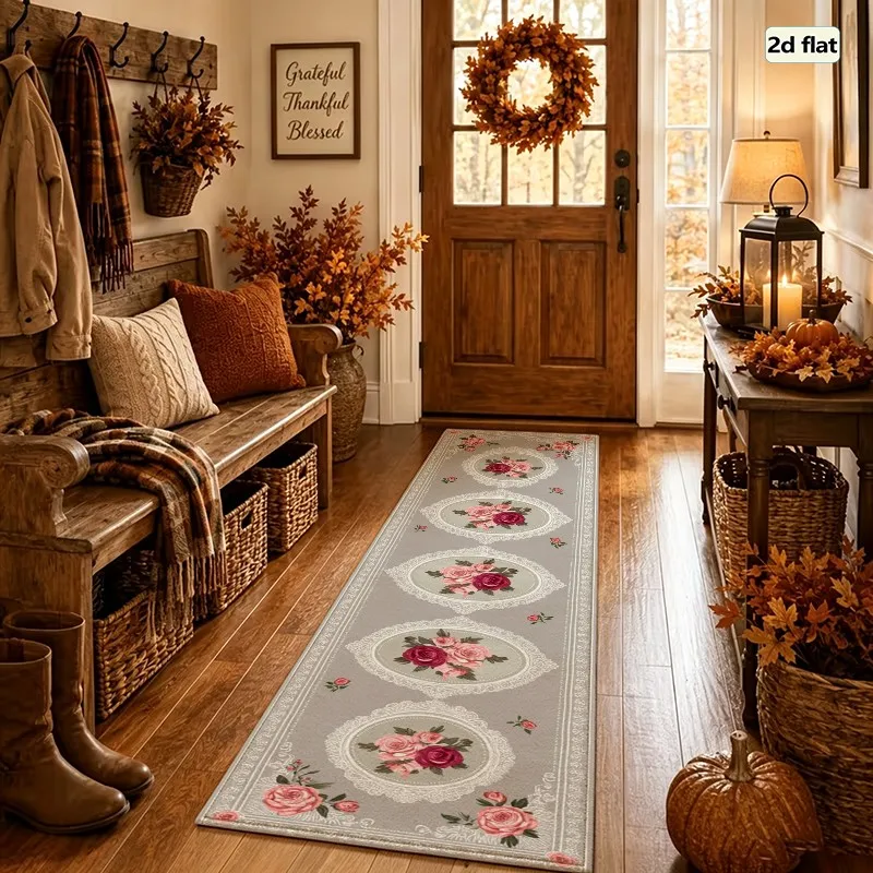 1pc Vintage Floral Lace Rose Pattern Carpet, Soft Comfortable, All Season, Lightweight Easy To Maintain, Living Room, Bedroom, Hallway Decor, Autumn, Winter