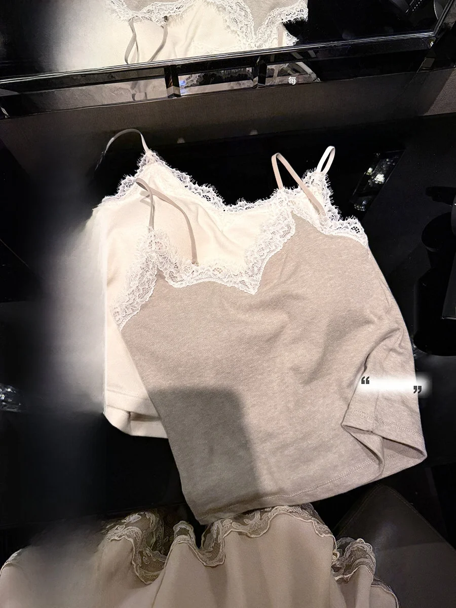 

Женский укороченный топ NAOAO с кружевными бретелями, облегающий, сексуальный, с подкладкой для груди, универсальный базовый слой для ранней осени