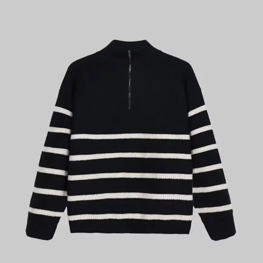 メンズジッパーネックニットセーターカジュアルハーフハイ秋冬ストライプベースシャツ香港スタイルトレンディルーズニットウェアトップ