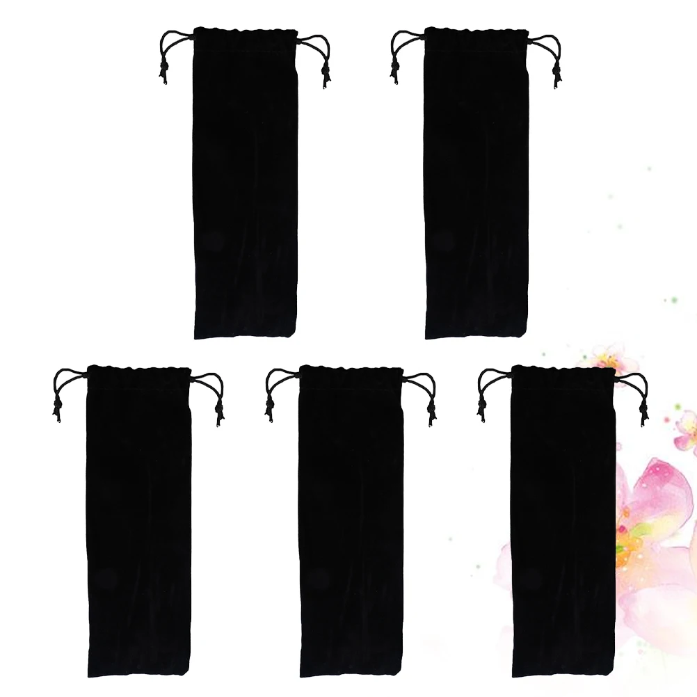 

5pcs Straw Storage Bag Black Flannel Pouch for Reusable Stainless Steel Travel Lightweight Foldable Drawstring