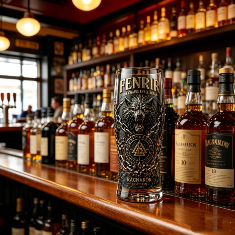 Fenrir Wolf Viking Printed Glass Mug, Norse Mythology Whiskey Cocktail Cup, Bar Home Party Beer Drinking Glassware Collection