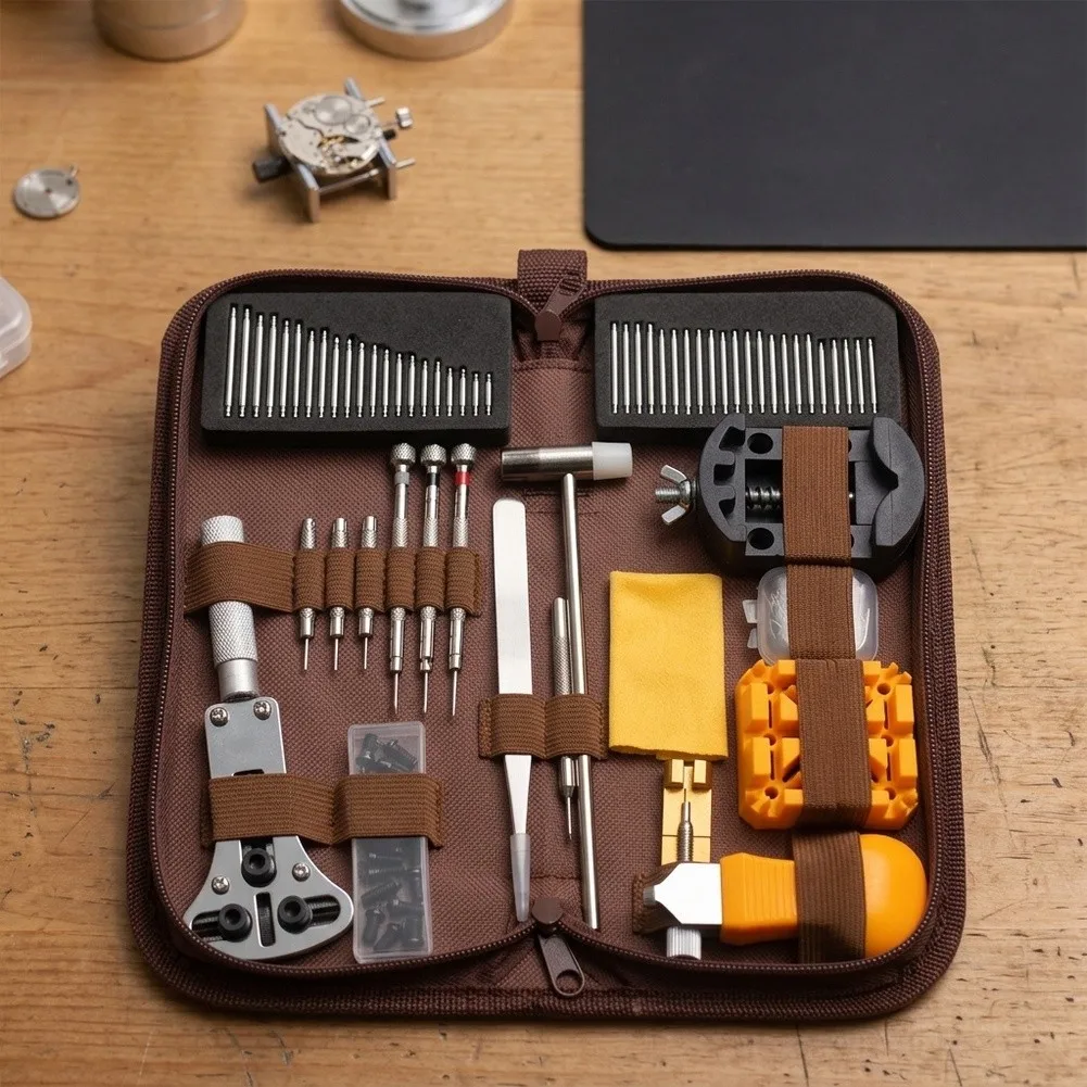 Watch Repair Tool Kit 168-Piece Alloy Set Featuring Ergonomic Handles Portable Storage Case and Precision Watch Servicing Tools