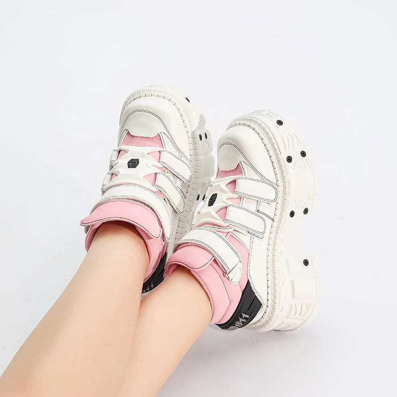 2026  Woman Sneakers New Punk Style Women Shoes Gothic Ankle Rock Boots Lace-up Heel Height Platform Shoes Woman Metal Decor