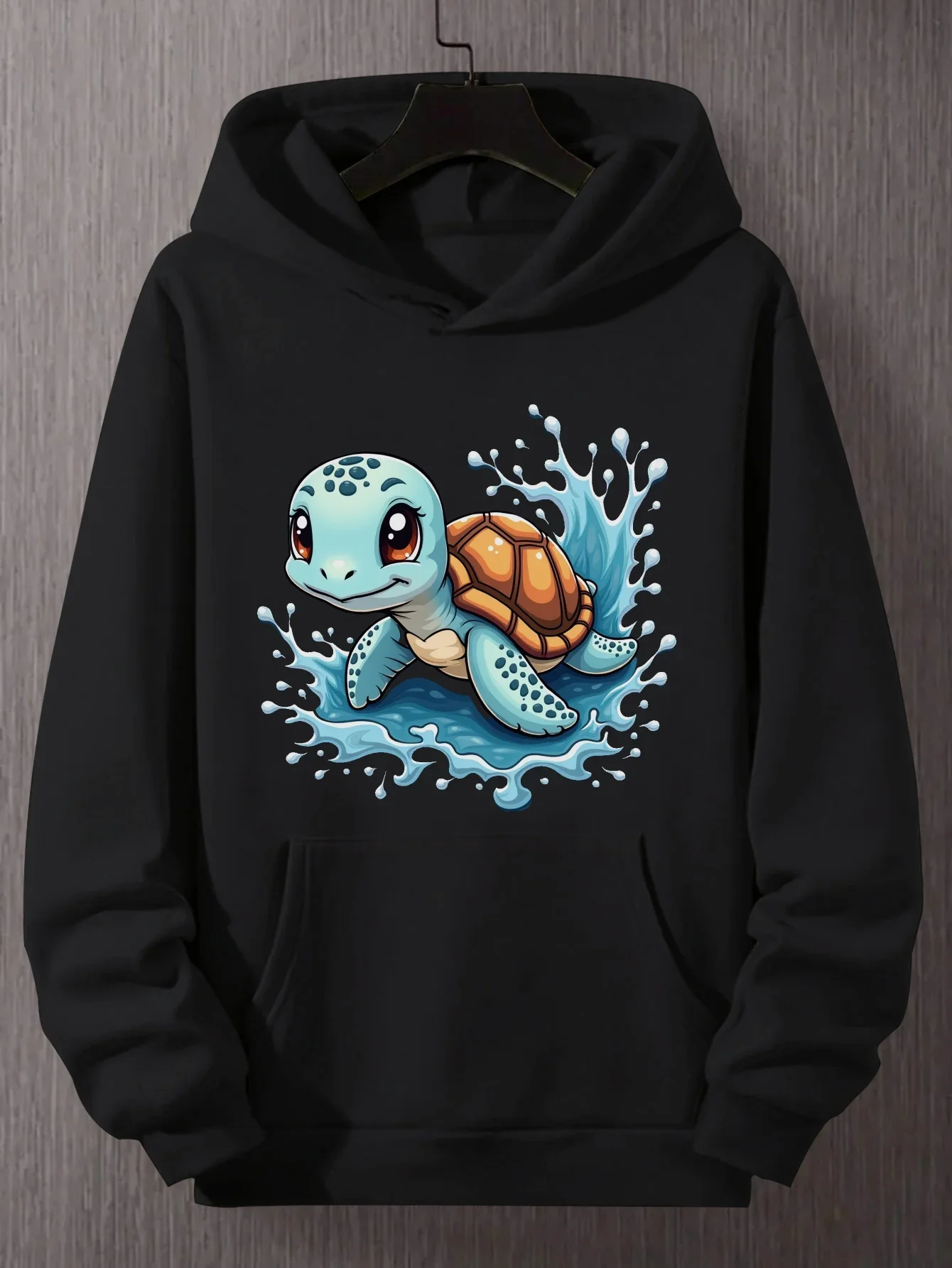 Cute Cartoon Baby Sea Turtle Splash Water Graphic Hoodie Unisex Oversized Loose Hooded Sweatshirt Autumn Winter Fleece Pullover