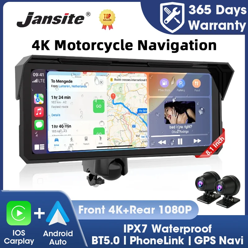 

8,1-дюймовый 4K GPS-навигатор для мотоцикла с видеорегистратором, беспроводным CarPlay, Android Auto, Bluetooth, водонепроницаемый монитор IPX7