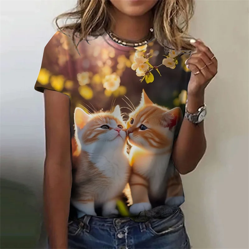 3D Printed Cute Animal T-Shirt For Women Funny Cat Graphic T Shirts Summer Fashion Oversized Tees Short Sleeves Round Neck Tops