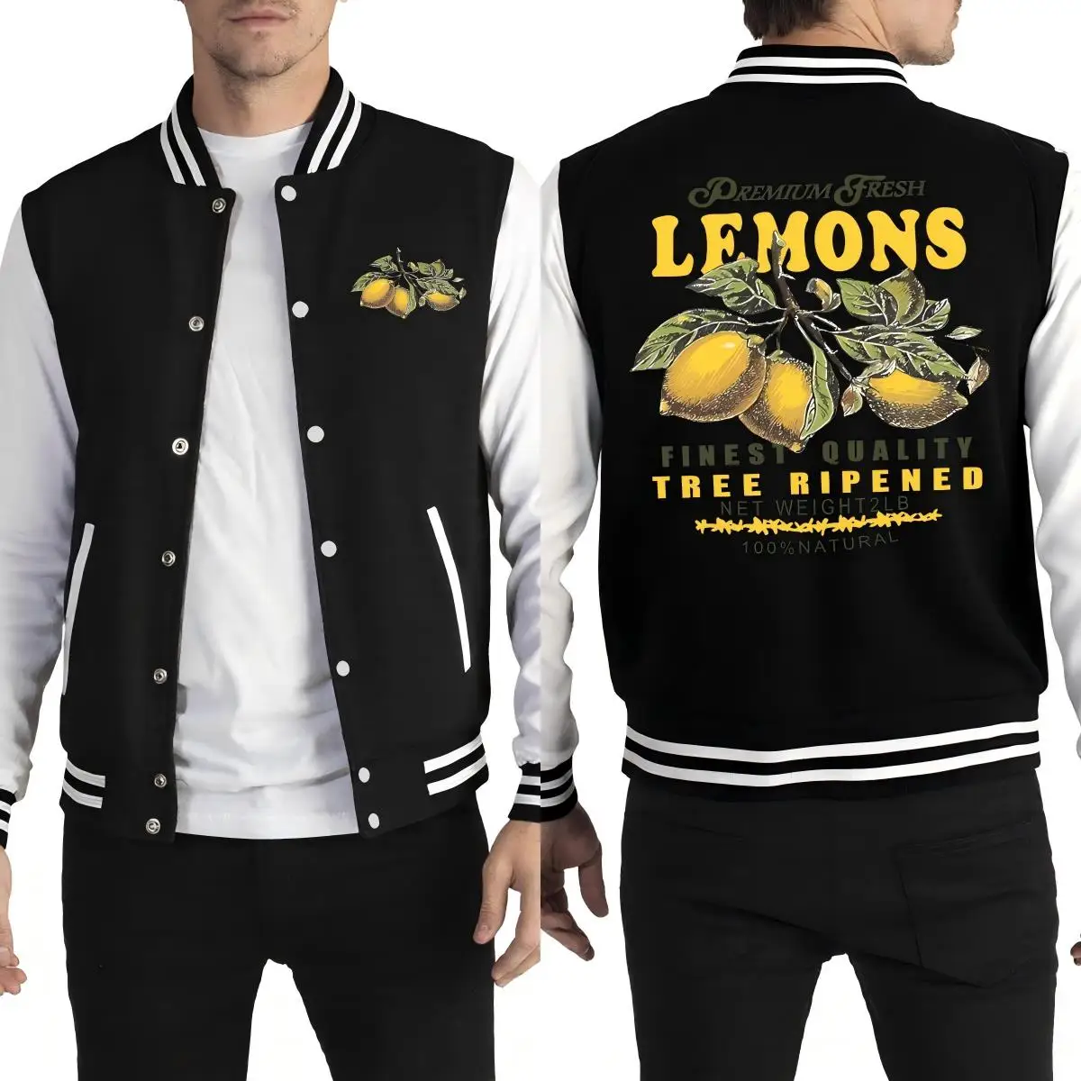 

Premium Fresh Lemons Fruit Prints Baseball Uniform Men Loose Soft Clothes Fashion American Jackets Autumn Fleece Sportswear