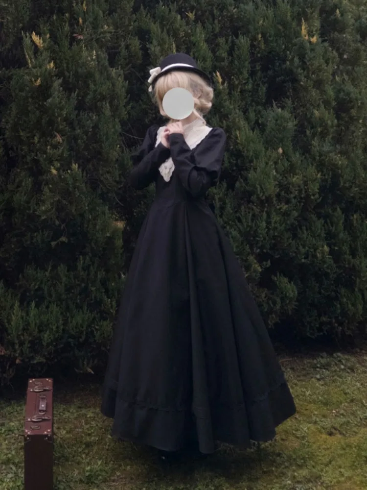 MAGOGO French Vintage Gothic Lolita Black Dress Elegant Bow Patchwork Detachable Sleeves Slim A-line Maxi Dresses for Women - Image 2