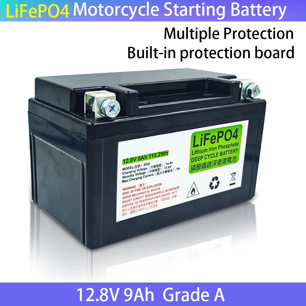 LiFePO4 Motorcycle Battery 12.8V 9Ah CCA 300A Motorcycle Motor Starter Battery BMS 12V Lithium Phosphate Scooter Engine Battery