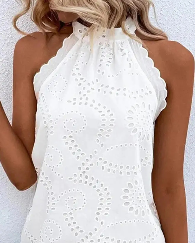 Elegant Dresses for Women Sexy Scallop Trim Eyelet Embroidery Casual Mini Dress New Fashion 2023 Summer Female Clothing Outfits