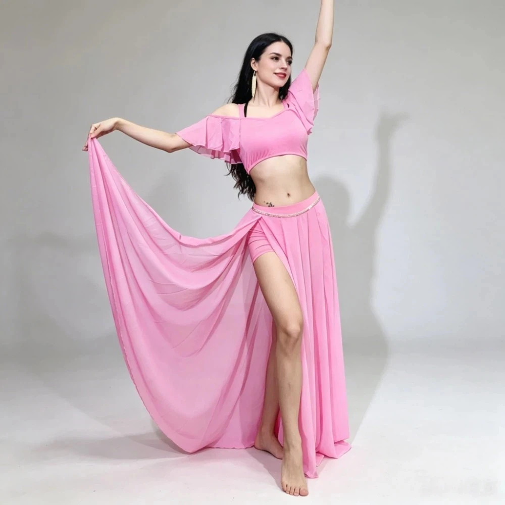 Summer Chiffon Belly Dance Costume Set, Double Slit Big Swing Maxi Skirt, New Oriental Dance Outfit For Training Stage Performan
