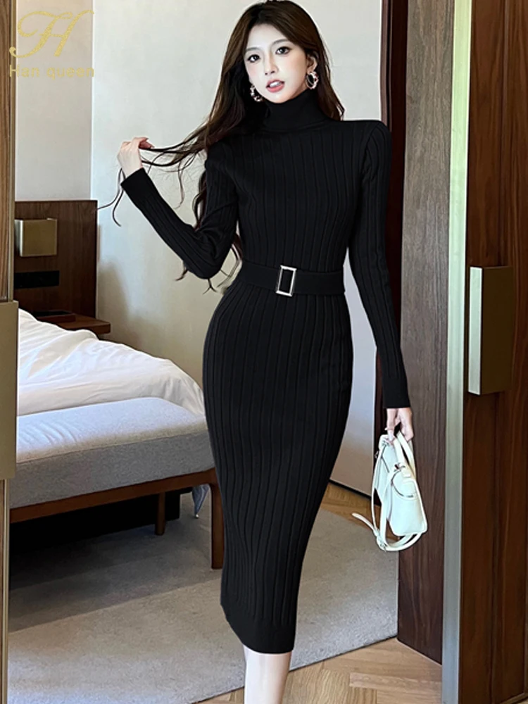 الخريف الياقة المدورة سترة Bodycon غمد قلم رصاص محبوك فستان قاع المرأة لينة فساتين الحفلات المرنة مع حزام