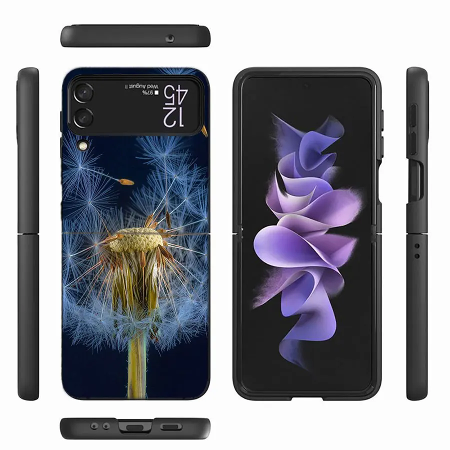 Dandelion Seeds Phone Case For Samsung Galaxy Z Flip 6 4 3 5G Funda Black Coque Hard PC Luxury Cover Z Flip 5 Capa Fashion Capa