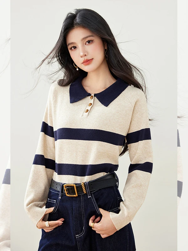 

Korean Sle Early Autumn Striped Knitwear Women's Collar Long Sve Slim ort Length Top Faionable Casual Sweater