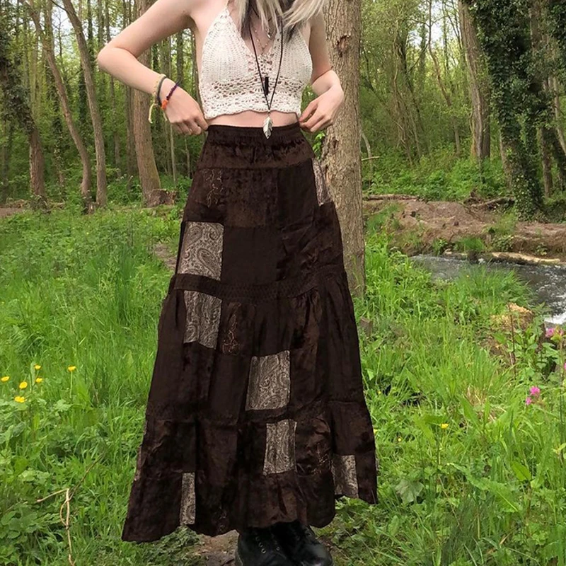 

E Girls Y2K Retro Patchwork Midi Skirt Boho High Waist Belted Maxi Skirt Brown Grunge Ruffle Lace Hem Long Skirt