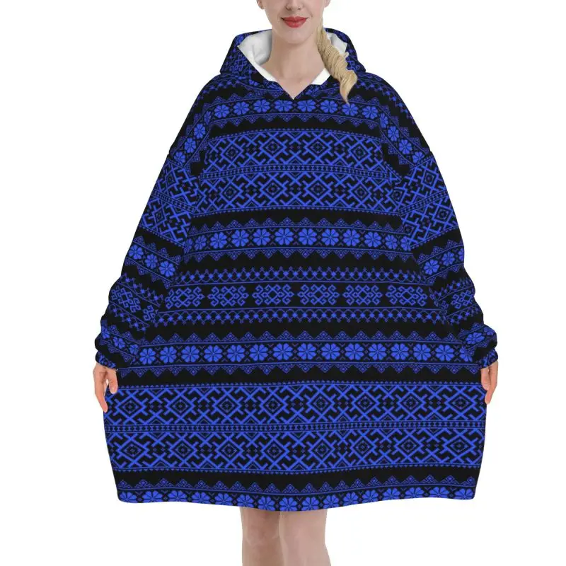 Blue Ukraine Embroidery Ornament Print Wearable Blanket Hoodie Women Oversized Pullover Sweatshirt Fleece Sherpa Hooded Blanket