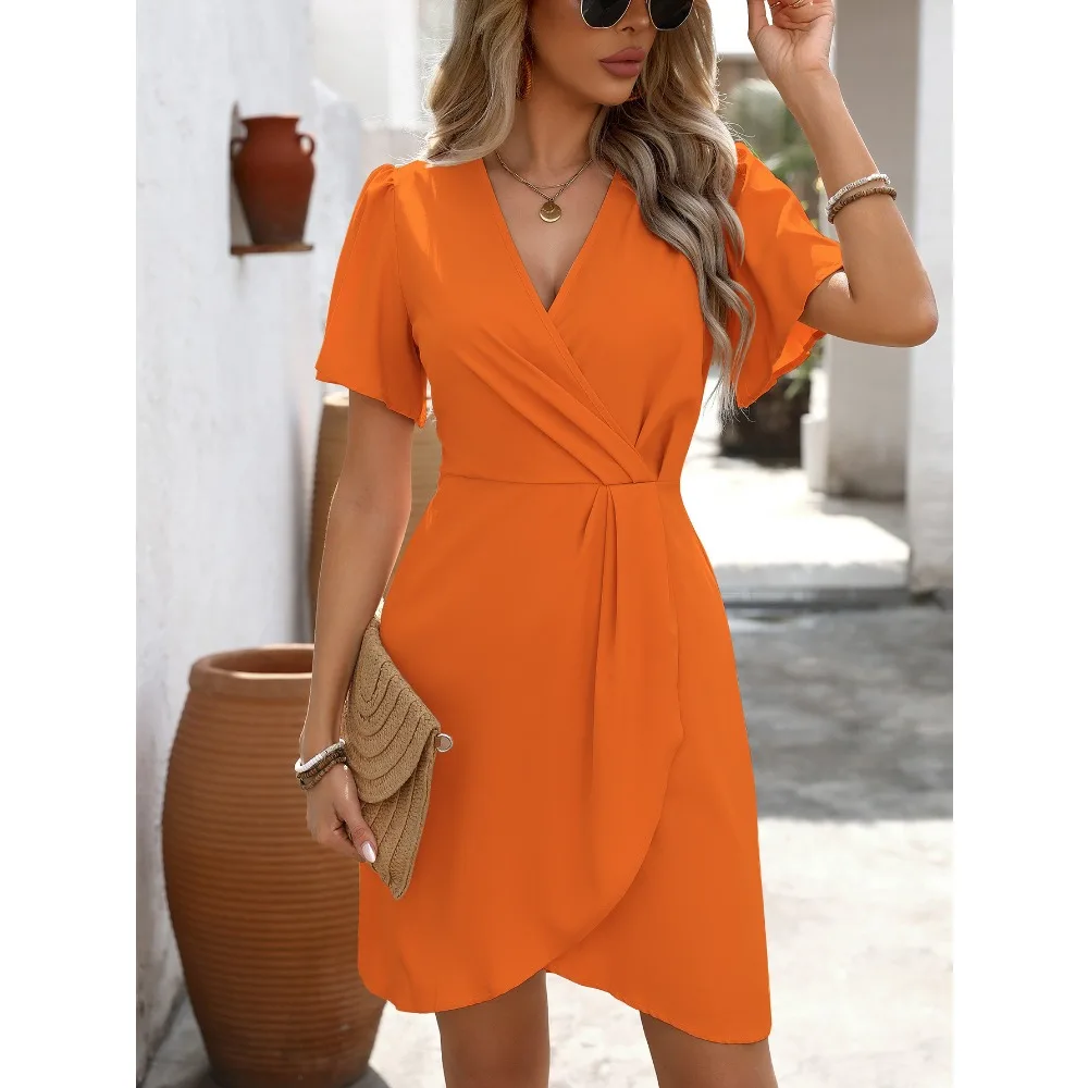 فساتين 2025 فستان نسائي كاجوال بياقة على شكل V مكشكش بلون سادة وأربطة ملابس Y2k أنيقة #6