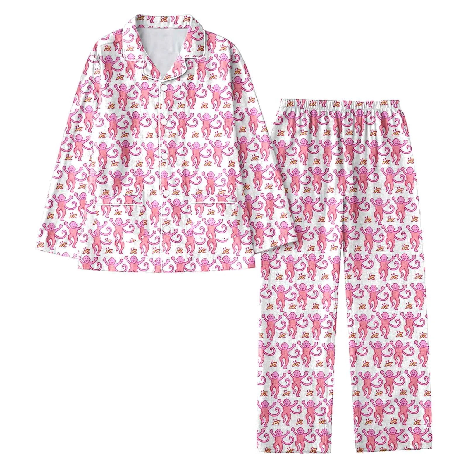 Women 2 Piece Pajamas Set Casual Cute Roller Rabbit Print Long Sleeve Shirts+ Long Pants Set Lapel Pajamas Women's Homewear