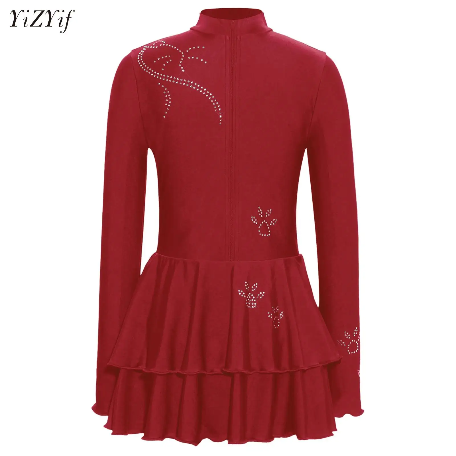 

Kids Girls Gymnastics Leotard Ballet Figure Skating Tutu Dance Dress Long Sleeve Rhinestone Lyrical Stage Performance Clothes