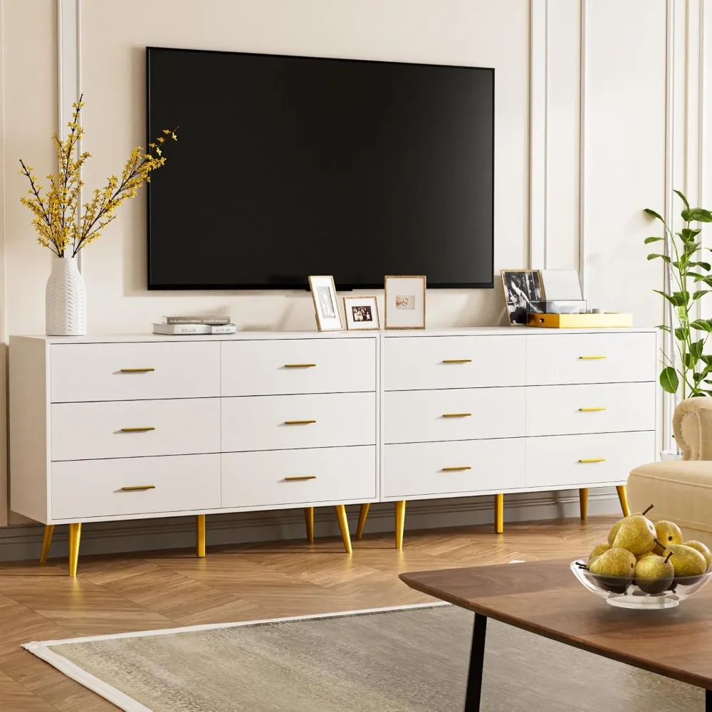 Cômoda branca CARPETNAL para quarto, cômoda com 6 gavetas com gavetas largas e puxadores de metal dourado, cômodas de madeira e cômoda de corredor