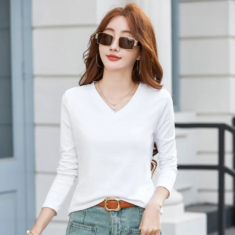 #0505 Black White Yellow Red Long Sleeve T Shirt Women V-neck Cotton Slim Streetwear Tshirt Elegant Office T Shirt Girl Spring