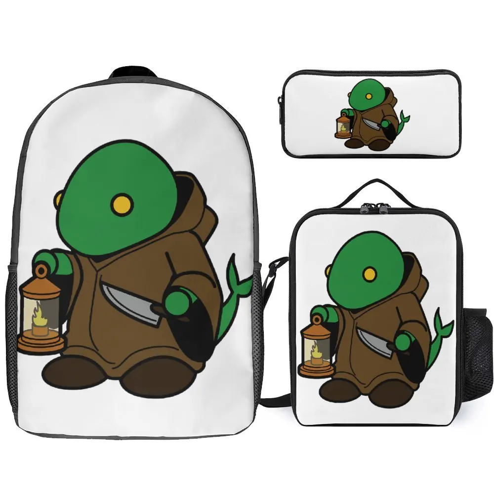 Final Fantasy Tonberryer Mochila, Durável Cozy Field Pack, Lunch Bag, Pen Bag, Atividades Esportivas, Gráfico Legal, 3 em 1 Conjunto, 17"