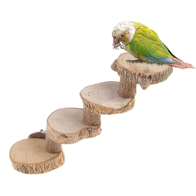 Parrot Perch Natural Platform Bird Stand 4 Steps Climbing Ladder Chew Toy for Medium Large Birds Easy to Install