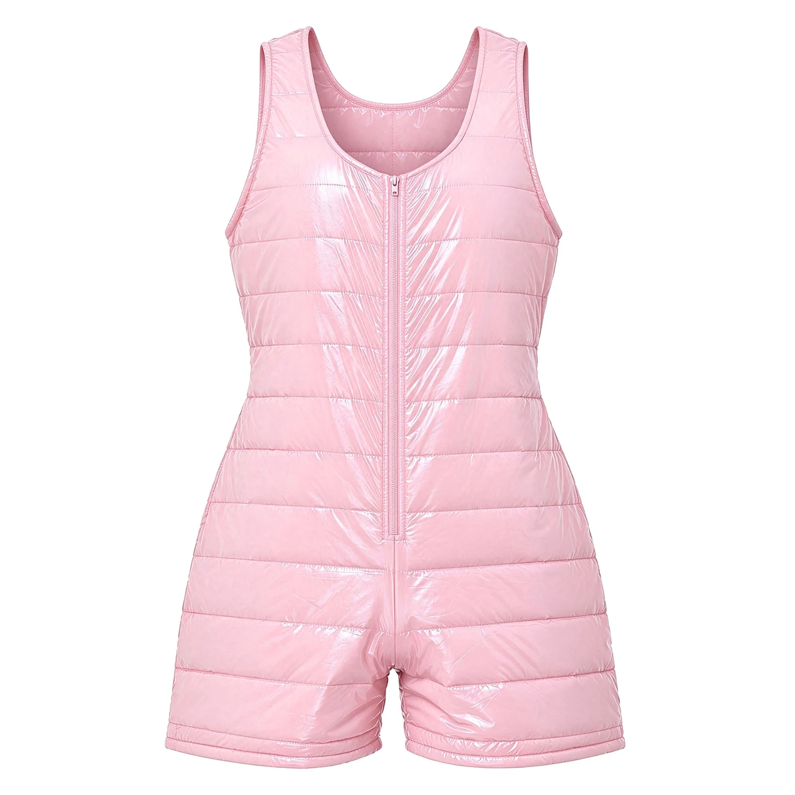 Men Water-resistant Padded Bodysuit Sleeveless U Neck Zipper Front Thigh Length Jumpsuit for Club Music Festival Rave Party