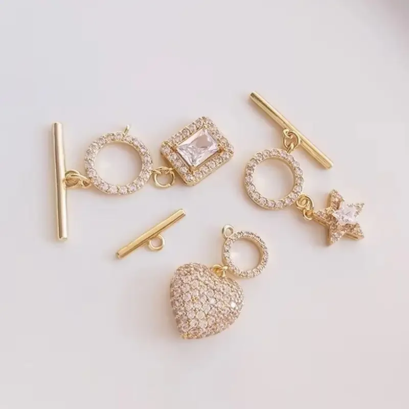 14K Gold Plated OT Clasp, Micro Paved Zircon Ribbon Heart Star Pendant for DIY Jewelry Making Accessories