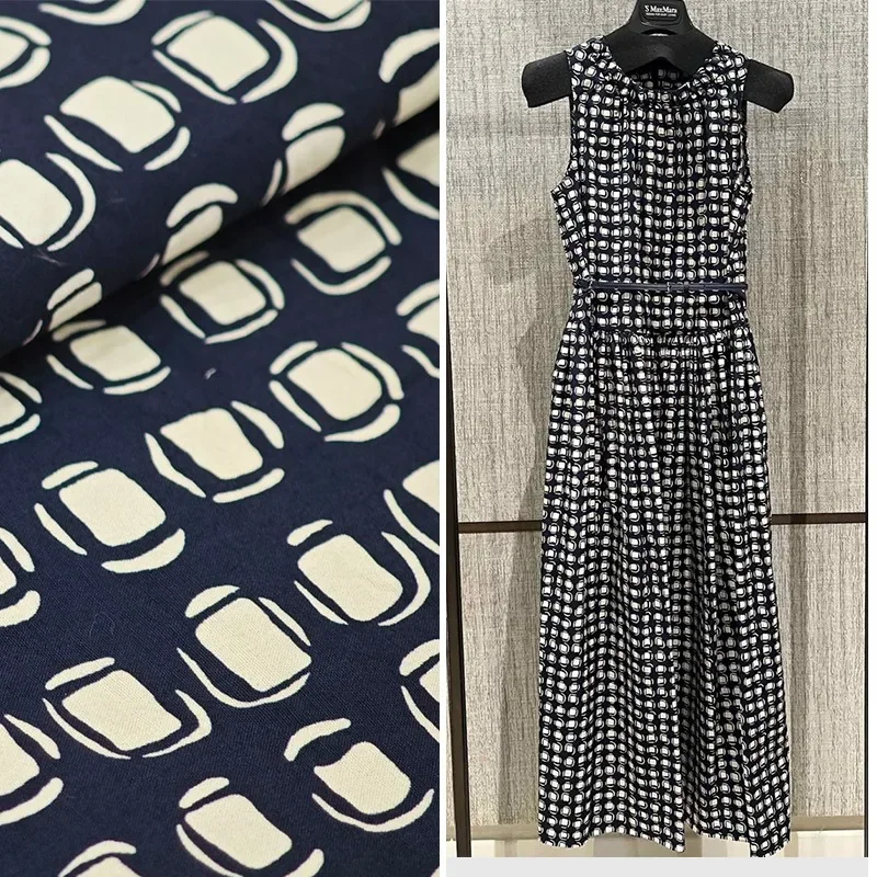 Brand Digital Printed White Geometric Pattern Simulation Silk Satin Cotton Fabric, High-quality Clothing Dress DIY Fabric