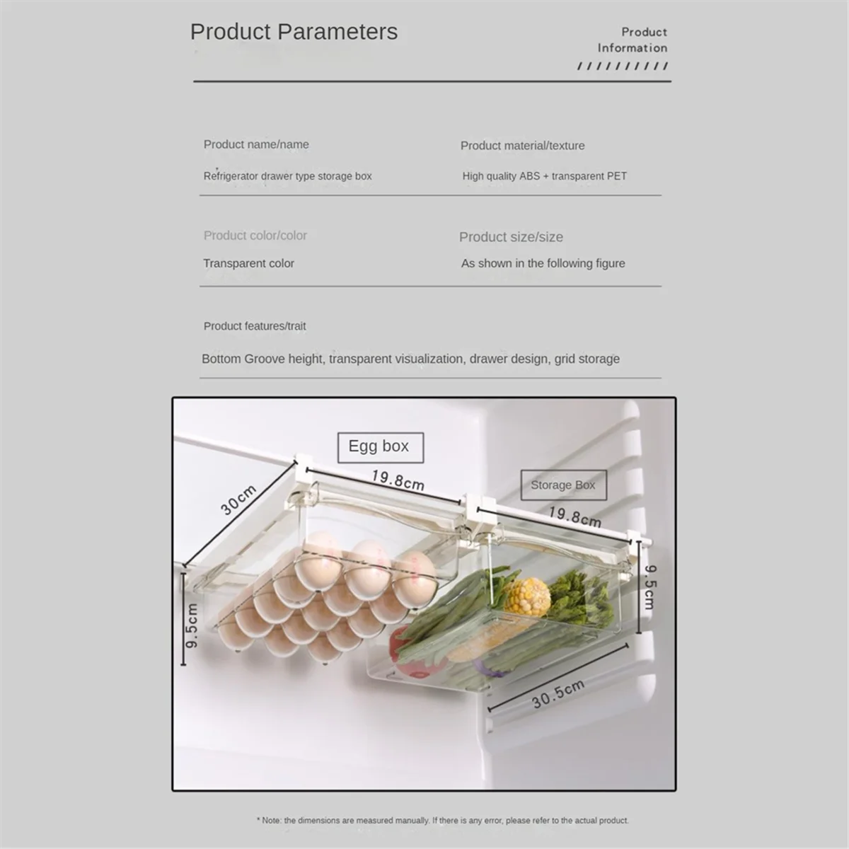 

Fridge Organizer Egg Refrigerator Storage Rack Under-Shelf Refrigerator Drawer Box Fresh-Keeping Kitchen Organizer B