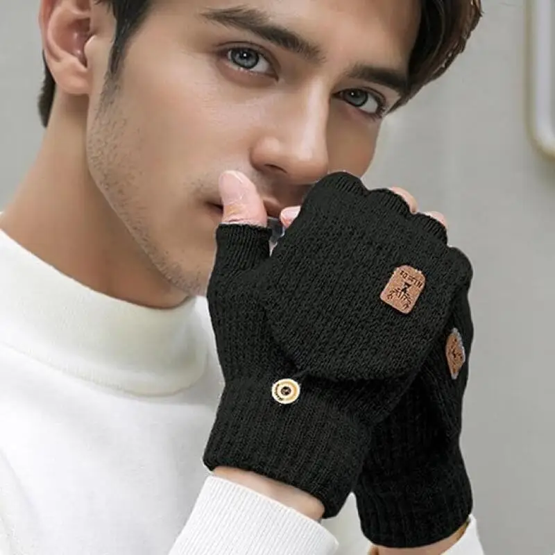 Thick Ribbed Knit Convertible Gloves with Deer Emblem Warm Half Finger Flap Mittens Winter Cold Weather Hand Warmers Unisex