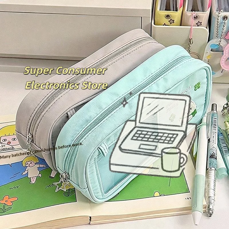 Cute Pencil Case Clear Window Large Capacity Soft Shell Stationery Storage Pouch for Primary Students Back to School Supplies