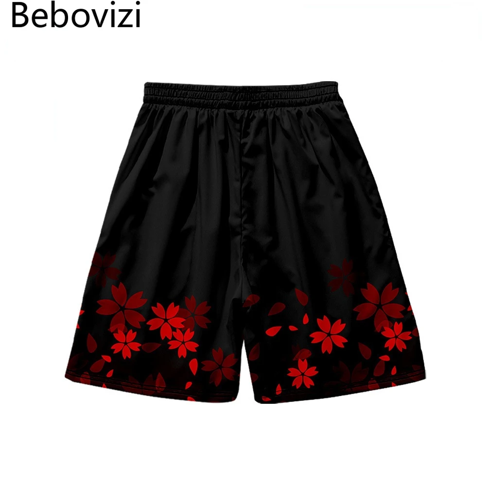 Summer Japanese Style Fox Print Male Streetwear Beach Shorts Casual Loose Men Women Anime Elastic Waist Black Shorts Plus Size