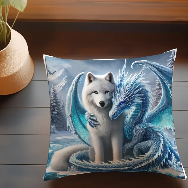 Wolf And Dragon Pillowcase Fantasy Art Design For Dreamy Home Decor Soft Cotton Cushion Cover With Magical Creatures Style