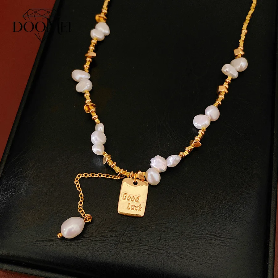 DOO MEI Baroque Pearl Y Necklace for Women Gold Color Tag Pendant Adjustable Chain Necklace Daily Party Wedding Jewelry