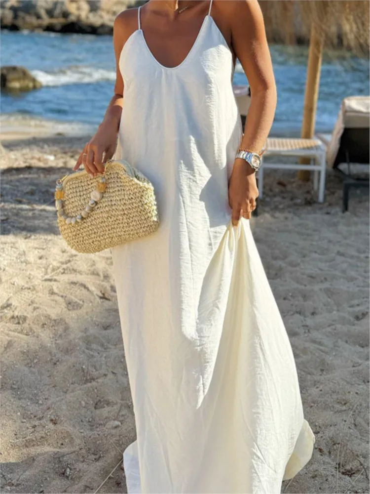 Summer New Boho Maxi Dress For Women's Spaghetti Strap Loose Deep V-neck Solid Beach Holiday Fashion Casual Dresses Robe Femme
