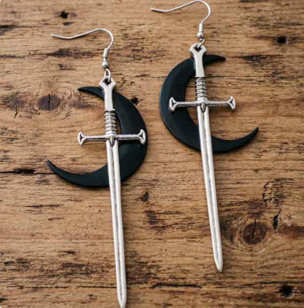 Gothic Crensent Moon Sword Earring Hecate Boho Fairy Goddess Occult Witchy Jewelry